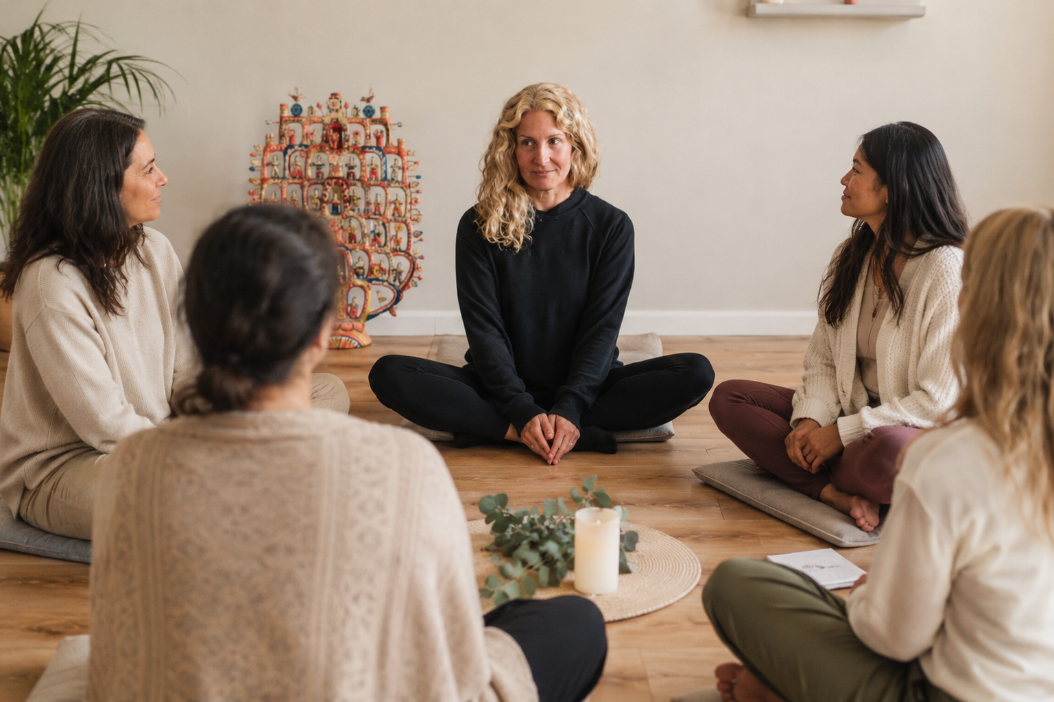 A women's circle seated together around a candle