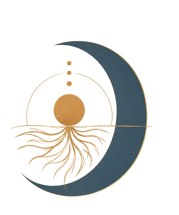 Depth psychology emblem, crescent with sun and roots